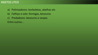 a) Polinizadores: borboletas, abelhas etc
b) Folhiço e solo: formigas, besouros
c) Predadores: besouros e vespas
Entre outros...
INSETOS UTEIS
 