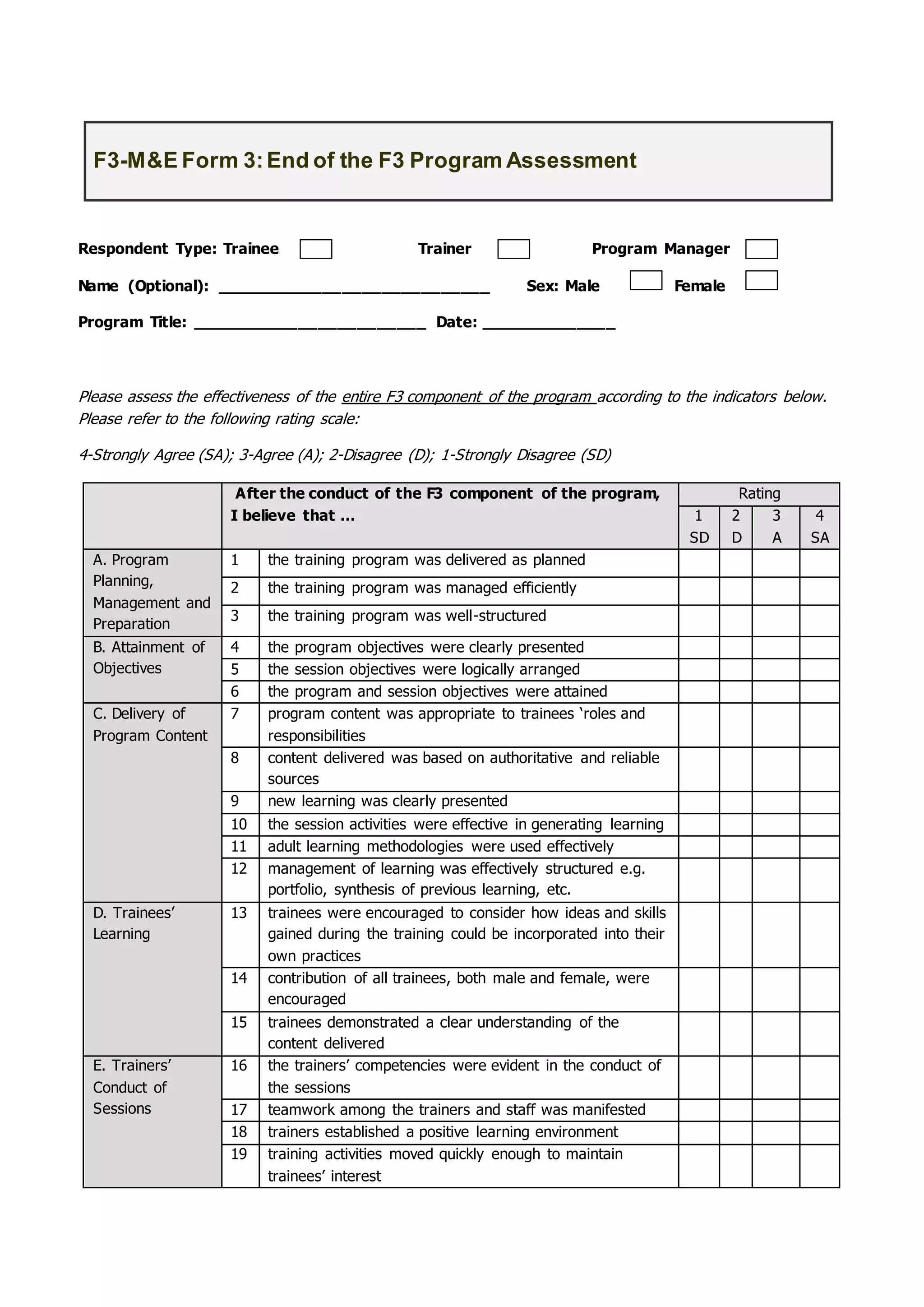 F3-M&E Form 3:End of the F3 Program Assessment
Respondent Type: Trainee Trainer Program Manager
Name (Optional): ____________________________ Sex: Male Female
Program Title: ________________________ Date: ______________
Please assess the effectiveness of the entire F3 component of the program according to the indicators below.
Please refer to the following rating scale:
4-Strongly Agree (SA); 3-Agree (A); 2-Disagree (D); 1-Strongly Disagree (SD)
After the conduct of the F3 component of the program,
I believe that …
Rating
1
SD
2
D
3
A
4
SA
A. Program
Planning,
Management and
Preparation
1 the training program was delivered as planned
2 the training program was managed efficiently
3 the training program was well-structured
B. Attainment of
Objectives
4 the program objectives were clearly presented
5 the session objectives were logically arranged
6 the program and session objectives were attained
C. Delivery of
Program Content
7 program content was appropriate to trainees ‘roles and
responsibilities
8 content delivered was based on authoritative and reliable
sources
9 new learning was clearly presented
10 the session activities were effective in generating learning
11 adult learning methodologies were used effectively
12 management of learning was effectively structured e.g.
portfolio, synthesis of previous learning, etc.
D. Trainees’
Learning
13 trainees were encouraged to consider how ideas and skills
gained during the training could be incorporated into their
own practices
14 contribution of all trainees, both male and female, were
encouraged
15 trainees demonstrated a clear understanding of the
content delivered
E. Trainers’
Conduct of
Sessions
16 the trainers’ competencies were evident in the conduct of
the sessions
17 teamwork among the trainers and staff was manifested
18 trainers established a positive learning environment
19 training activities moved quickly enough to maintain
trainees’ interest
 