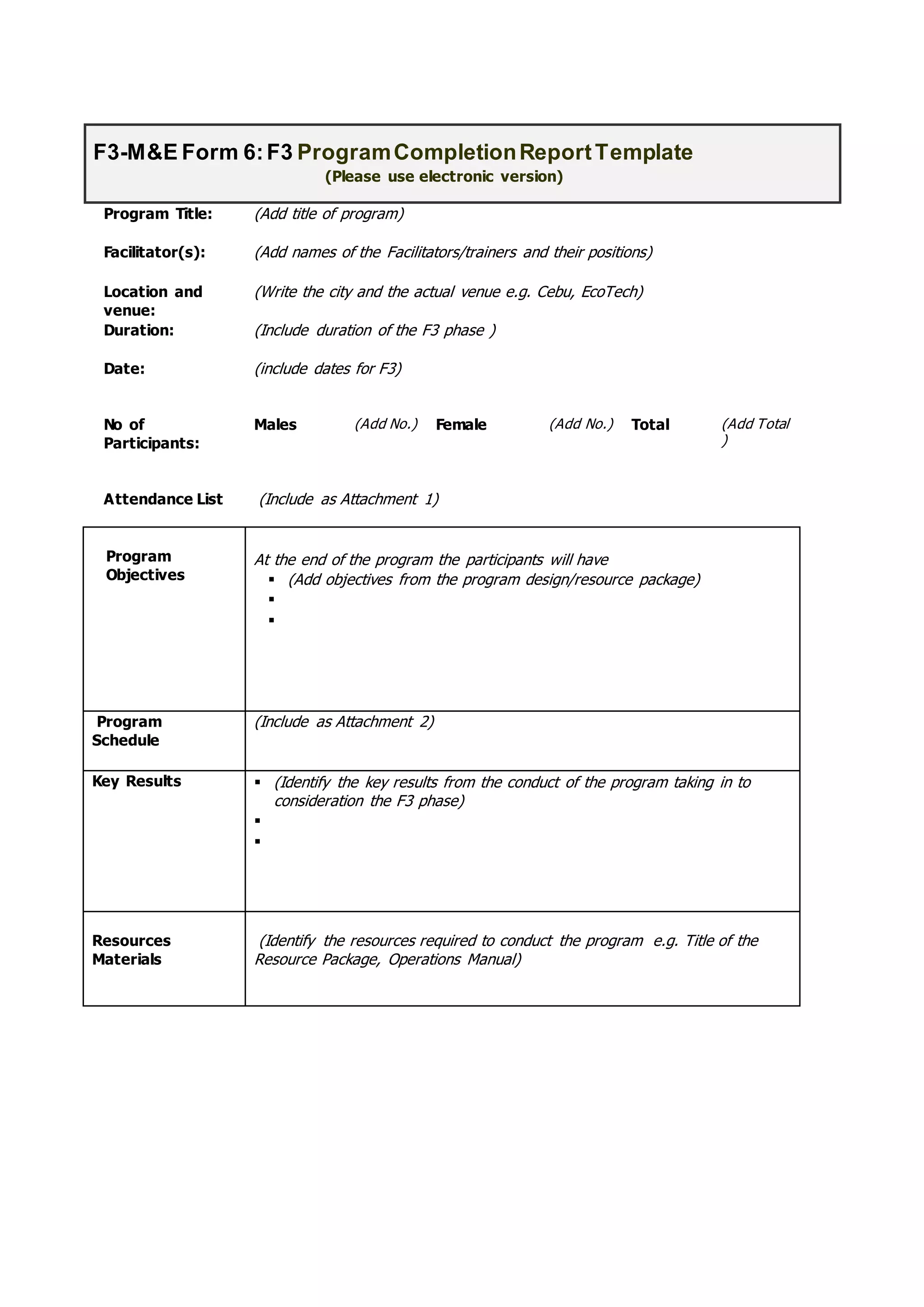 Program Title: (Add title of program)
Facilitator(s): (Add names of the Facilitators/trainers and their positions)
Location and
venue:
(Write the city and the actual venue e.g. Cebu, EcoTech)
Duration: (Include duration of the F3 phase )
Date: (include dates for F3)
No of
Participants:
Males (Add No.) Female (Add No.) Total (Add Total
)
Attendance List (Include as Attachment 1)
Program
Objectives
At the end of the program the participants will have
 (Add objectives from the program design/resource package)


Program
Schedule
(Include as Attachment 2)
Key Results  (Identify the key results from the conduct of the program taking in to
consideration the F3 phase)


Resources
Materials
(Identify the resources required to conduct the program e.g. Title of the
Resource Package, Operations Manual)
F3-M&E Form 6:F3 ProgramCompletionReportTemplate
(Please use electronic version)
 
