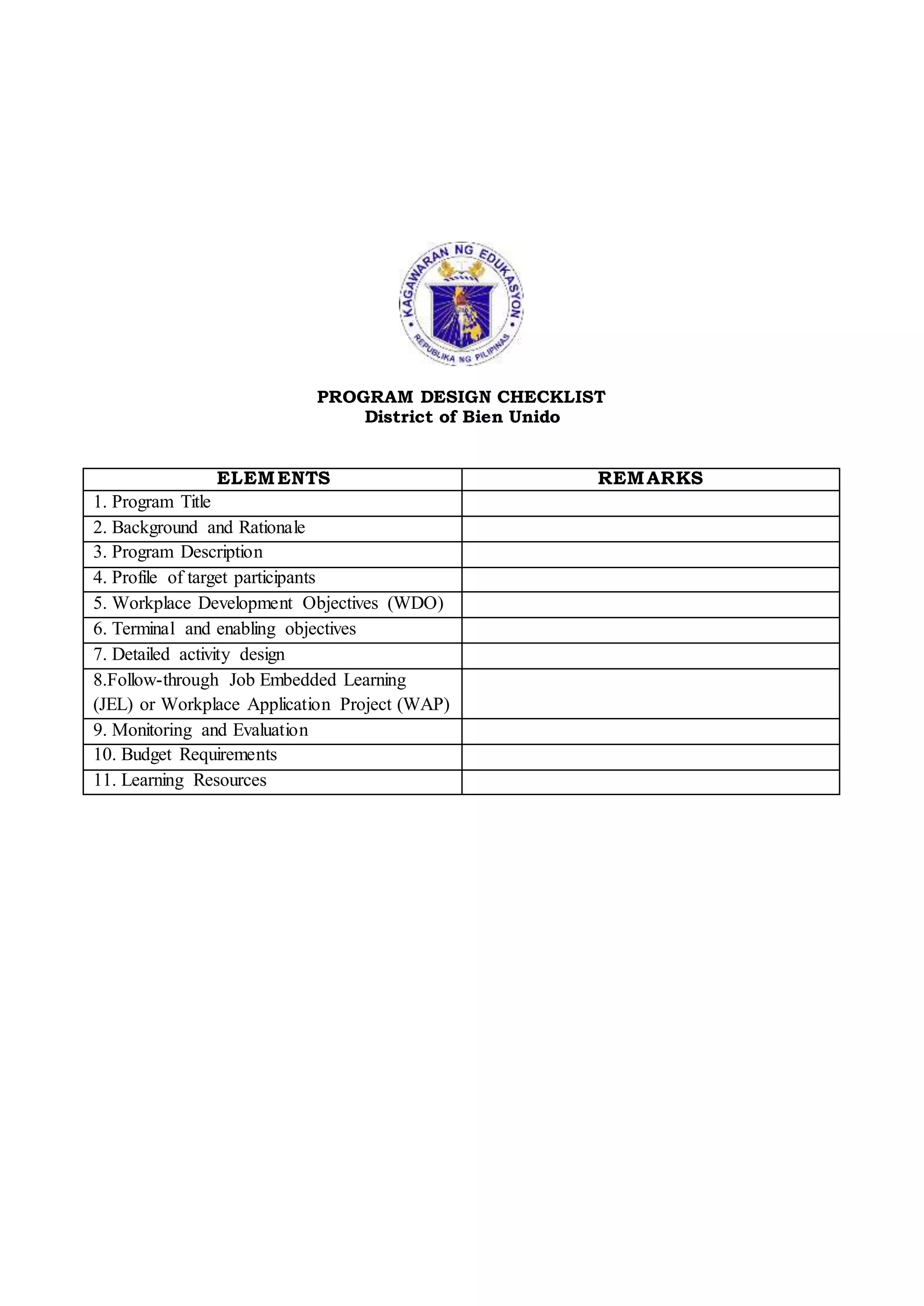 PROGRAM DESIGN CHECKLIST
District of Bien Unido
ELEMENTS REMARKS
1. Program Title
2. Background and Rationale
3. Program Description
4. Profile of target participants
5. Workplace Development Objectives (WDO)
6. Terminal and enabling objectives
7. Detailed activity design
8.Follow-through Job Embedded Learning
(JEL) or Workplace Application Project (WAP)
9. Monitoring and Evaluation
10. Budget Requirements
11. Learning Resources
 