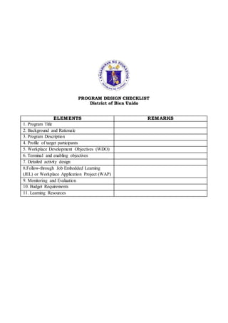 PROGRAM DESIGN CHECKLIST
District of Bien Unido
ELEMENTS REMARKS
1. Program Title
2. Background and Rationale
3. Program Description
4. Profile of target participants
5. Workplace Development Objectives (WDO)
6. Terminal and enabling objectives
7. Detailed activity design
8.Follow-through Job Embedded Learning
(JEL) or Workplace Application Project (WAP)
9. Monitoring and Evaluation
10. Budget Requirements
11. Learning Resources
 