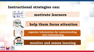 Instructional strategies can:
motivate learners
help them focus attention
organize information for understanding
and remembering
monitor and assess learning
 