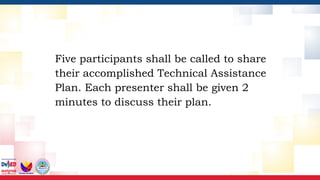 Five participants shall be called to share
their accomplished Technical Assistance
Plan. Each presenter shall be given 2
minutes to discuss their plan.
 