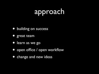 approach

• building on success
• great team
• learn as we go
• open ofﬁce / open workﬂow
• change and new ideas
 