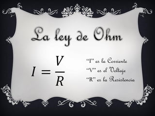 𝐼 =
𝑉
𝑅
“I” es la Corriente
“V” es el Voltaje
“R” es la Resistencia