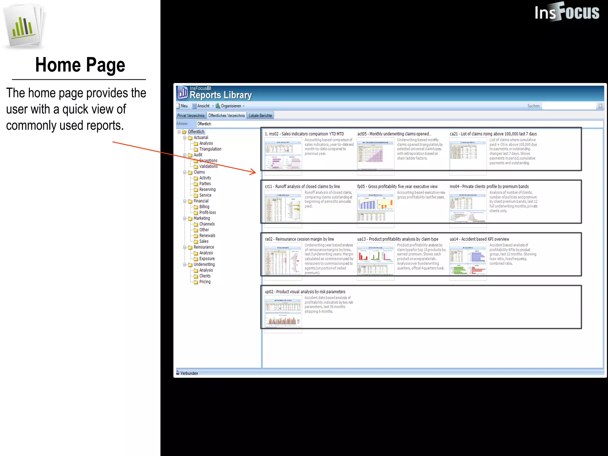 Home Page
The home page provides the
user with a quick view of
commonly used reports.
 