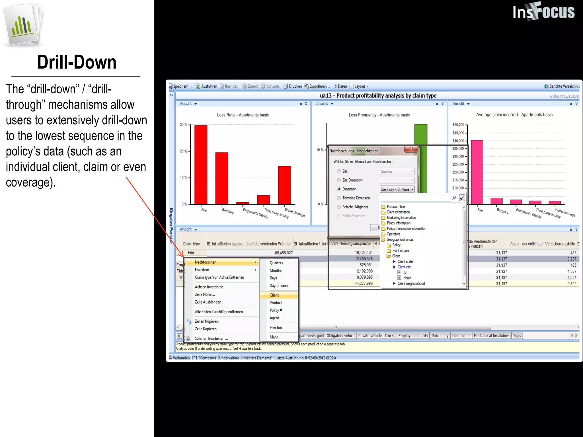 Drill-Down
The “drill-down” / “drill-
through” mechanisms allow
users to extensively drill-down
to the lowest sequence in the
policy’s data (such as an
individual client, claim or even
coverage).
 