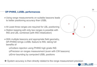 39
DP-PHINS, LUSBL performances
 Using range measurements on suitable beacons leads
to better positioning accuracy than USBL
 At Least three ranges are required for LBL positioning
 Station keeping with only two ranges is possible with
INS and LBL combined (with INS initialization)
 With multiple beacons and appropriate field geometry,
DP-PHINS brings LUSBL feature to INS, taking full
benefits of
 Outliers rejection using PHINS high grade INS
 Precision on ranges measurement (even with CW beacons)
 Error bounding by computed USBL positions
 System accuracy is then directly related to the range measurement precision
 