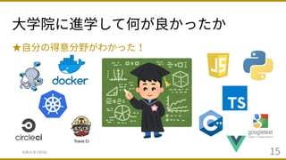 ⼤学院に進学して何が良かったか
令和元年7⽉9⽇ 15
★⾃分の得意分野がわかった！
 