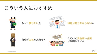 こういう⼈におすすめ
令和元年7⽉9⽇ 19
もっと学びたい⼈ 得意分野がわからない⼈
⾃分が未熟だと思う⼈
なるべく賃⾦⾼い企業
に就職したい⼈
 