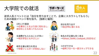 ⼤学院での就活
令和元年7⽉9⽇ 22
逆求⼈系イベントとは「⾃分を売り出すことで、企業にスカウトしてもらう」
ための⾯談イベント等を指す。 (独断と偏⾒)
1対1-2で⾯談
→企業のことをより良く知れるし、
⾃分のことも知ってもらえる
交通費がもらえることが多い
→地⽅学⽣にもやさしい
⾃分を売り出す
→⾃⼰PRに強くなる
有名⼤⼿企業も多く来る
→Yahoo!, DeNA, Cookpad, ZOZOなど
×
相⼿企業は実⼒を⾒る
→学歴フィルターが存在しない
コネができる
→選考フローを⼀部スキップできる
 