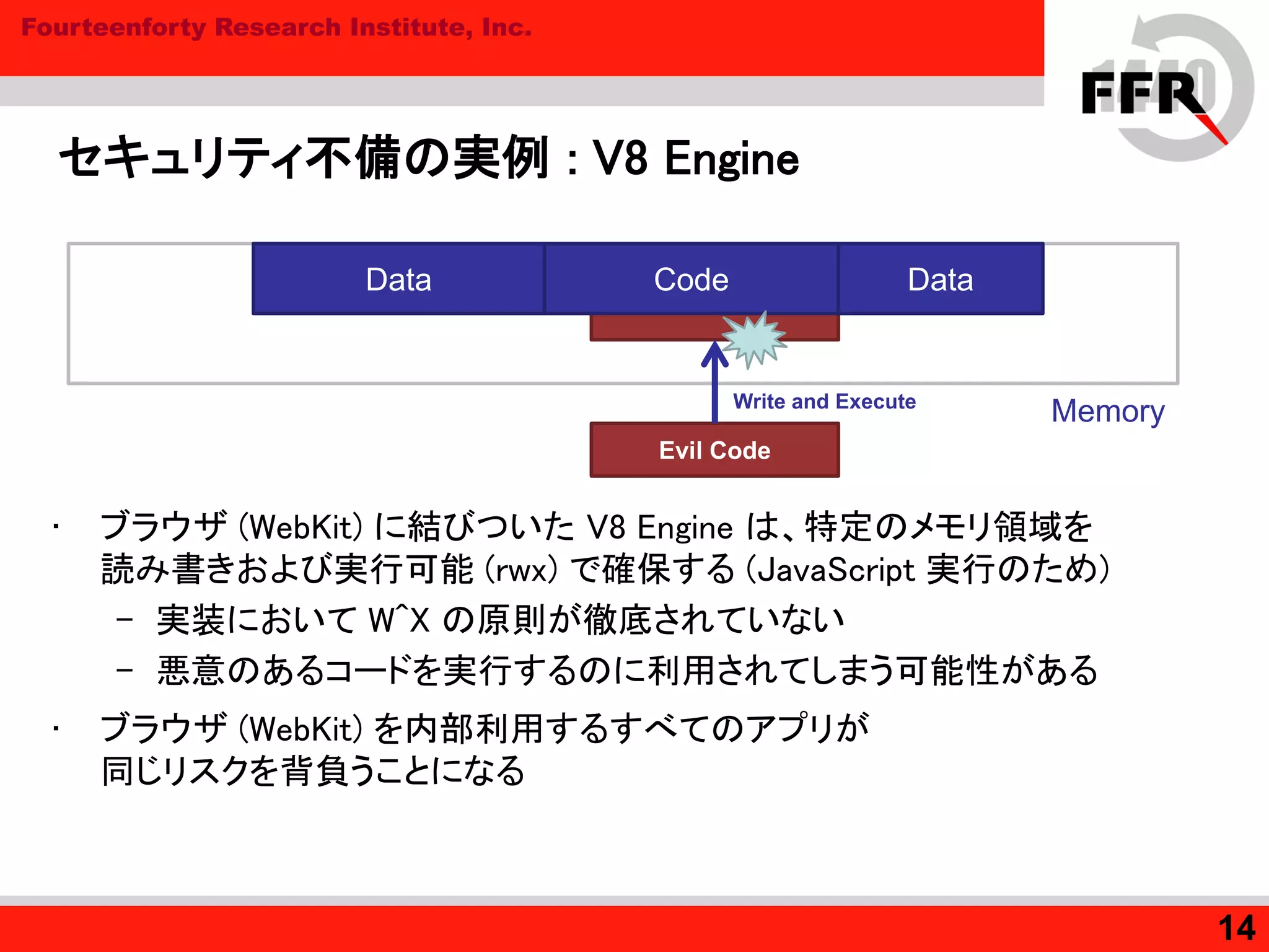 Fourteenforty Research Institute, Inc.
セキュリティ不備の実例 : V8 Engine
• ブラウザ (WebKit) に結びついた V8 Engine は、特定のメモリ領域を
読み書きおよび実行可能 (rwx) で確保する (JavaScript 実行のため)
– 実装において W^X の原則が徹底されていない
– 悪意のあるコードを実行するのに利用されてしまう可能性がある
• ブラウザ (WebKit) を内部利用するすべてのアプリが
同じリスクを背負うことになる
14
Memory
Data
Evil Code
Write and Execute
Code Data
 