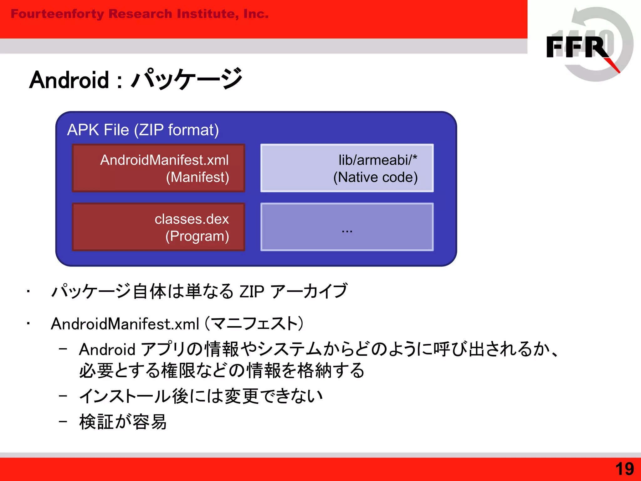 Fourteenforty Research Institute, Inc.
Android : パッケージ
• パッケージ自体は単なる ZIP アーカイブ
• AndroidManifest.xml (マニフェスト)
– Android アプリの情報やシステムからどのように呼び出されるか、
必要とする権限などの情報を格納する
– インストール後には変更できない
– 検証が容易
19
APK File (ZIP format)
AndroidManifest.xml
(Manifest)
classes.dex
(Program)
lib/armeabi/*
(Native code)
...
 