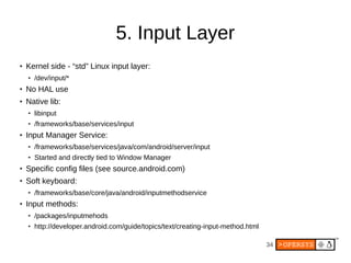 5. Input Layer
●   Kernel side - “std” Linux input layer:
    ●   /dev/input/*
●   No HAL use
●   Native lib:
    ●   libinput
    ●   /frameworks/base/services/input
●   Input Manager Service:
    ●   /frameworks/base/services/java/com/android/server/input
    ●   Started and directly tied to Window Manager
●   Specific config files (see source.android.com)
●   Soft keyboard:
    ●   /frameworks/base/core/java/android/inputmethodservice
●   Input methods:
    ●   /packages/inputmehods
    ●   http://developer.android.com/guide/topics/text/creating-input-method.html

                                                                                    34
 