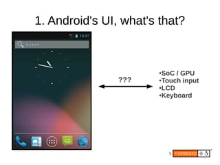 1. Android's UI, what's that?



                       ●SoC / GPU
                ???    ●Touch input

                       ●LCD

                       ●Keyboard




                           5
 
