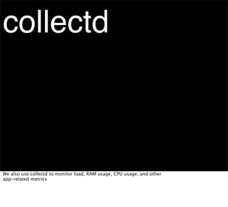 collectd



We also use collectd to monitor load, RAM usage, CPU usage, and other
app-related metrics
 