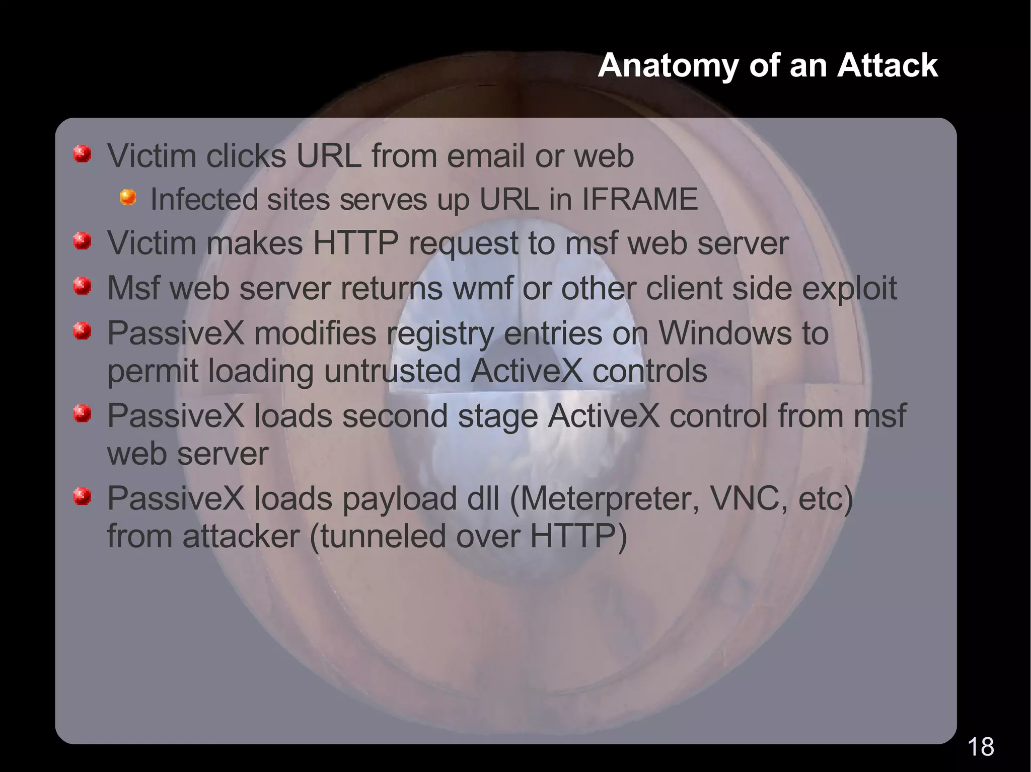 Anatomy of an Attack Victim clicks URL from email or web Infected sites serves up URL in IFRAME Victim makes HTTP request to msf web server Msf web server returns wmf or other client side exploit PassiveX modifies registry entries on Windows to permit loading untrusted ActiveX controls PassiveX loads second stage ActiveX control from msf web server PassiveX loads payload dll (Meterpreter, VNC, etc) from attacker (tunneled over HTTP) 