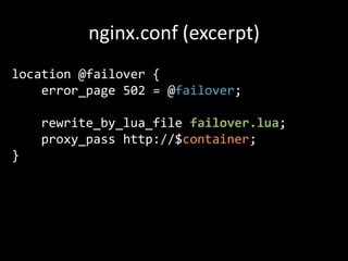 nginx.conf (agin)
location @failover {
    error_page 502 = @failover;

    rewrite_by_lua_file failover.lua;
    proxy_pa...