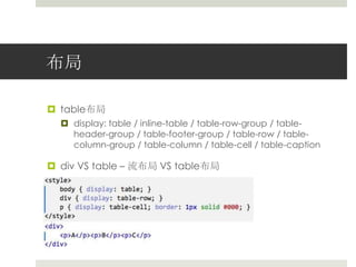 布局table布局display: table / inline-table / table-row-group / table-header-group / table-footer-group / table-row / table-column-group / table-column / table-cell / table-captiondiv VS table – 流布局 VS table布局
