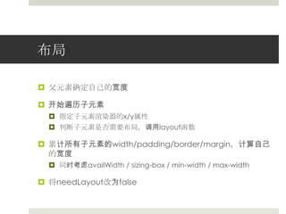 布局父元素确定自己的宽度开始遍历子元素指定子元素渲染器的x/y属性判断子元素是否需要布局，调用layout函数累计所有子元素的width/padding/border/margin，计算自己的宽度同时考虑availWidth / sizing-box / min-width / max-width将needLayout改为false