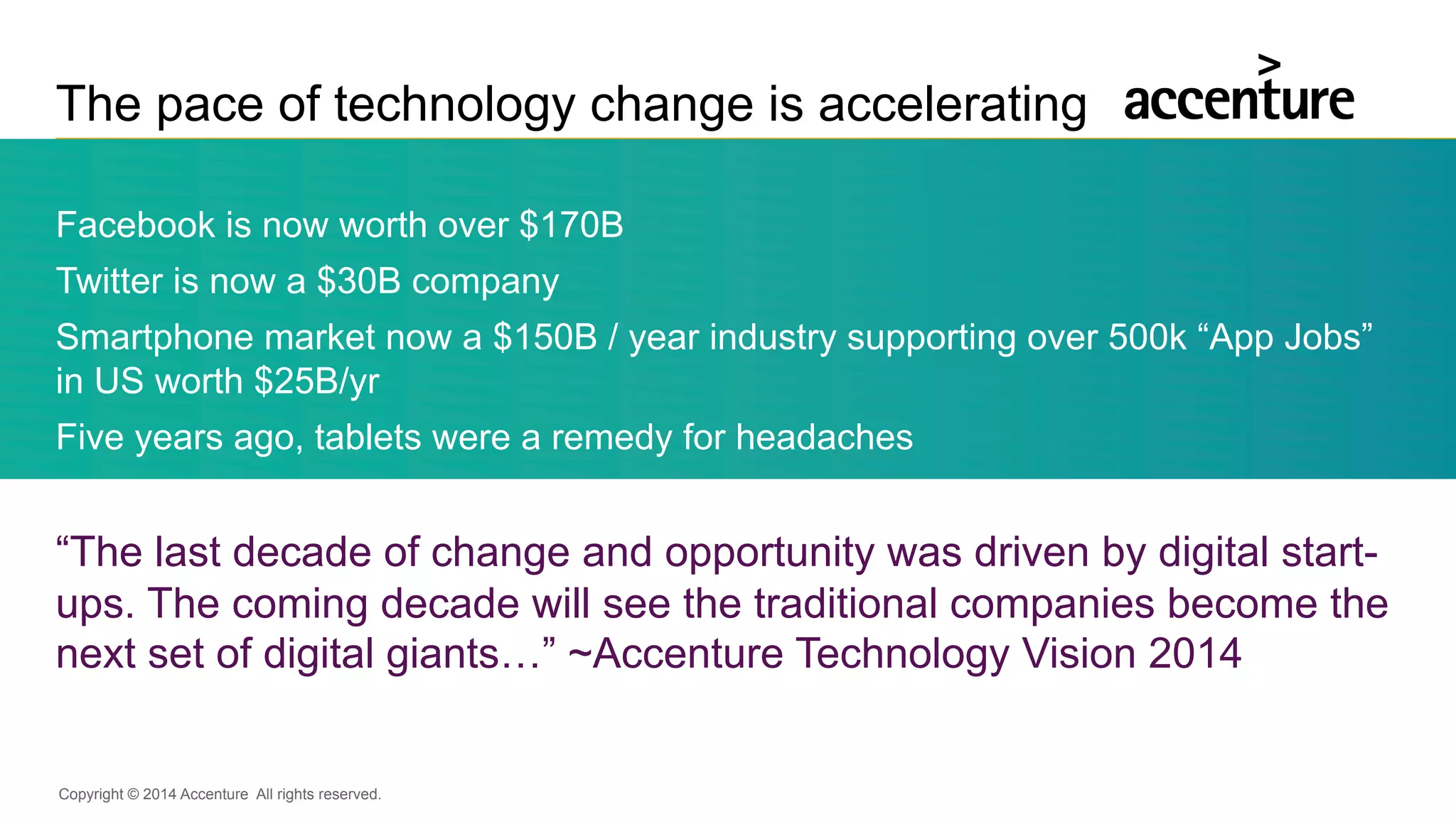 Copyright © 2014 Accenture All rights reserved.
The pace of technology change is accelerating
Facebook is now worth over $170B
Twitter is now a $30B company
Smartphone market now a $150B / year industry supporting over 500k “App Jobs”
in US worth $25B/yr
Five years ago, tablets were a remedy for headaches
“The last decade of change and opportunity was driven by digital start-
ups. The coming decade will see the traditional companies become the
next set of digital giants…” ~Accenture Technology Vision 2014
 
