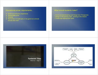 Educational printer requirements... 
 Good out of the box experience 
 Reasonable price 
 Reliable 
 Remember it is still early in the game but schools 
should start now! 
What should students make? 
 Avoid just downloading cool things from Thingiverse. 
 Design is the primary task - printing is the reward. 
 Create age-appropriate tasks. 
 