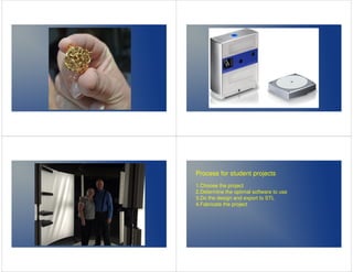 Process for student projects 
1.Choose the project 
2.Determine the optimal software to use 
3.Do the design and export to STL 
4.Fabricate the project 
 