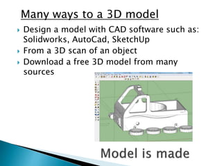 Many ways to a 3D model 
 Design a model with CAD software such as: 
Solidworks, AutoCad, SketchUp 
 From a 3D scan of an object 
 Download a free 3D model from many 
sources 
 