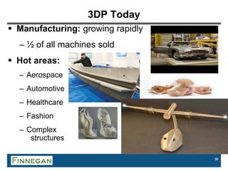 30
3DP Today
 Manufacturing: growing rapidly
– ½ of all machines sold
 Hot areas:
– Aerospace
– Automotive
– Healthcare
– Fashion
– Complex
structures
 