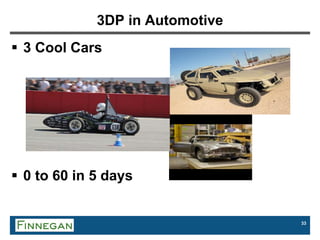 33
3DP in Automotive
 3 Cool Cars
 0 to 60 in 5 days
 