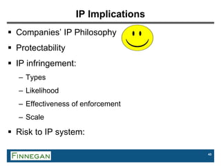 45
IP Implications
 Companies’ IP Philosophy
 Protectability
 IP infringement:
– Types
– Likelihood
– Effectiveness of enforcement
– Scale
 Risk to IP system:
 