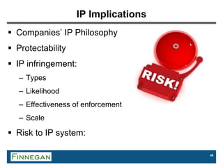48
IP Implications
 Companies’ IP Philosophy
 Protectability
 IP infringement:
– Types
– Likelihood
– Effectiveness of enforcement
– Scale
 Risk to IP system:
 