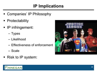 49
IP Implications
 Companies’ IP Philosophy
 Protectability
 IP infringement:
– Types
– Likelihood
– Effectiveness of enforcement
– Scale
 Risk to IP system:
 
