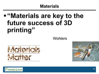 54
Materials
“Materials are key to the
future success of 3D
printing”
Wohlers
 