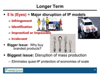 82
Longer Term
 5 Is (Eyes) = Major disruption of IP models
– Infringement
– Identification
– Impractical or Impossible
– Irrelevant
 Bigger Issue: Why buy
branded products?
 Biggest issue: Disruption of mass production
– Eliminates quasi-IP protection of economies of scale
 