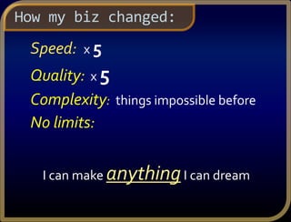 How my biz changed:
Speed: x 5
Quality: x 5
Complexity: things impossible before
No limits:
I can make anythingI can dream
 