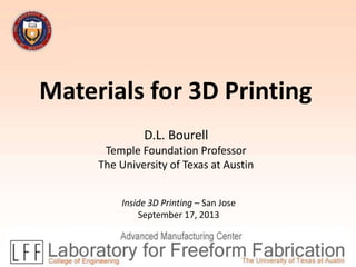 Materials for 3D Printing
D.L. Bourell
Temple Foundation Professor
The University of Texas at Austin
Inside 3D Printing – San Jose
September 17, 2013
 