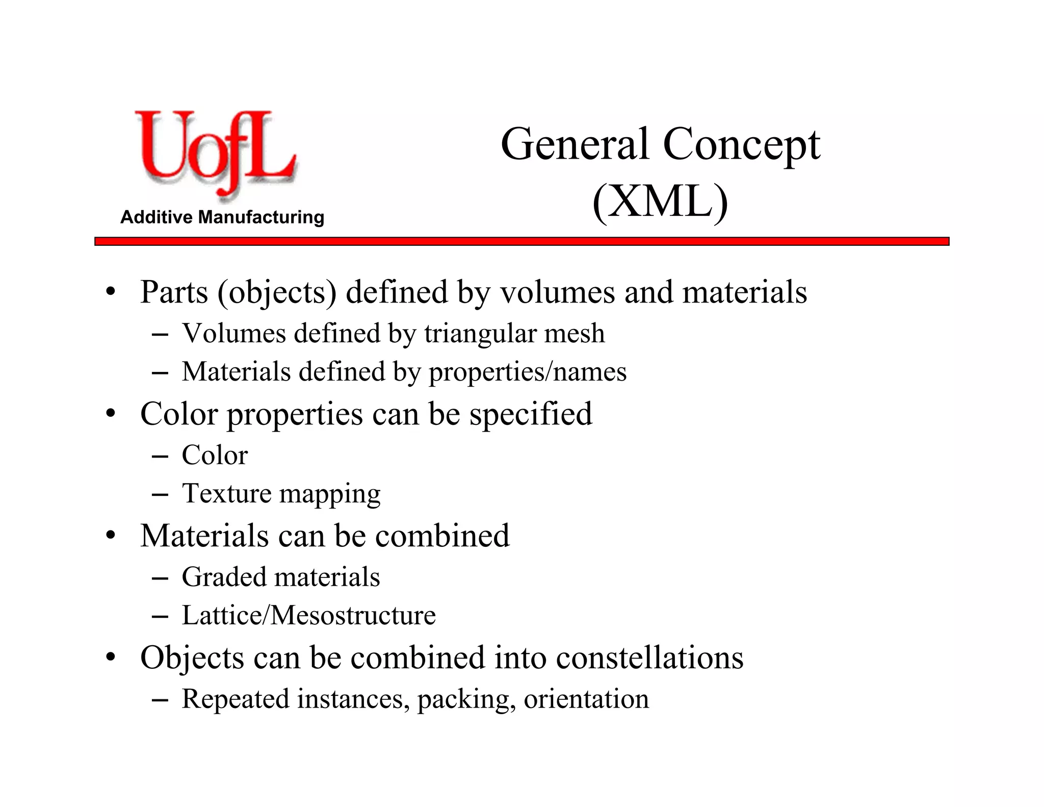 Additive Manufacturing
General Concept
(XML)
• Parts (objects) defined by volumes and materials
– Volumes defined by triangular mesh
– Materials defined by properties/names
• Color properties can be specified
– Color
– Texture mapping
• Materials can be combined
– Graded materials
– Lattice/Mesostructure
• Objects can be combined into constellations
– Repeated instances, packing, orientation
 