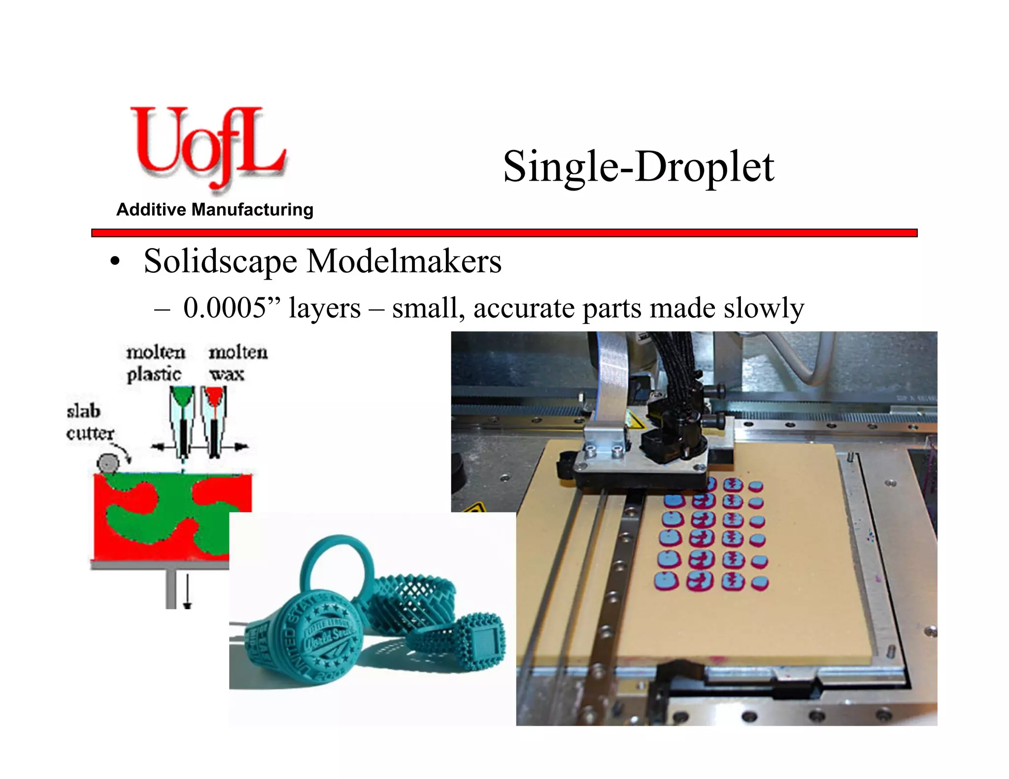 Additive Manufacturing
Single-Droplet
• Solidscape Modelmakers
– 0.0005” layers – small, accurate parts made slowly
 