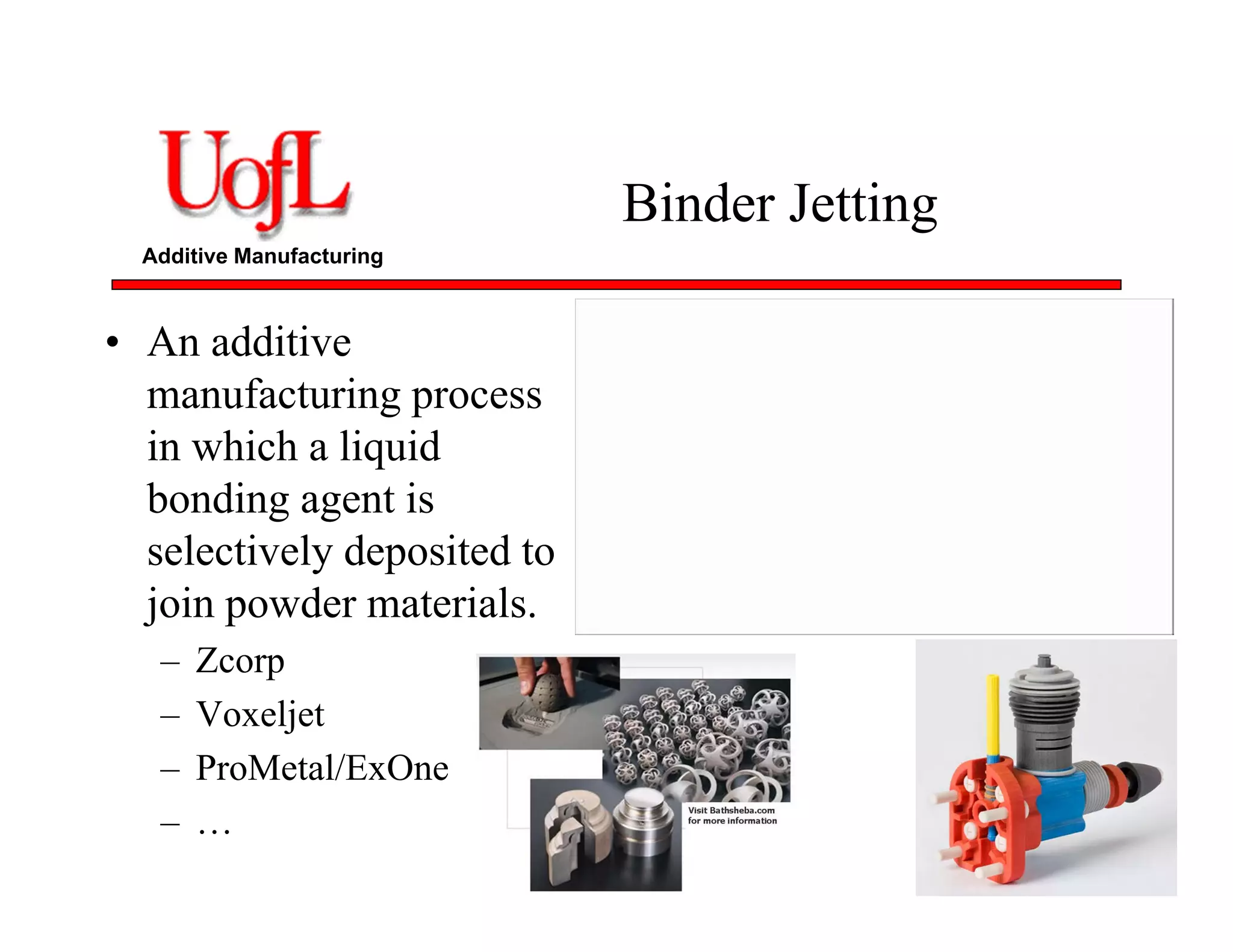 Additive Manufacturing
Binder Jetting
• An additive
manufacturing process
in which a liquid
bonding agent is
selectively deposited to
join powder materials.
– Zcorp
– Voxeljet
– ProMetal/ExOne
– …
 