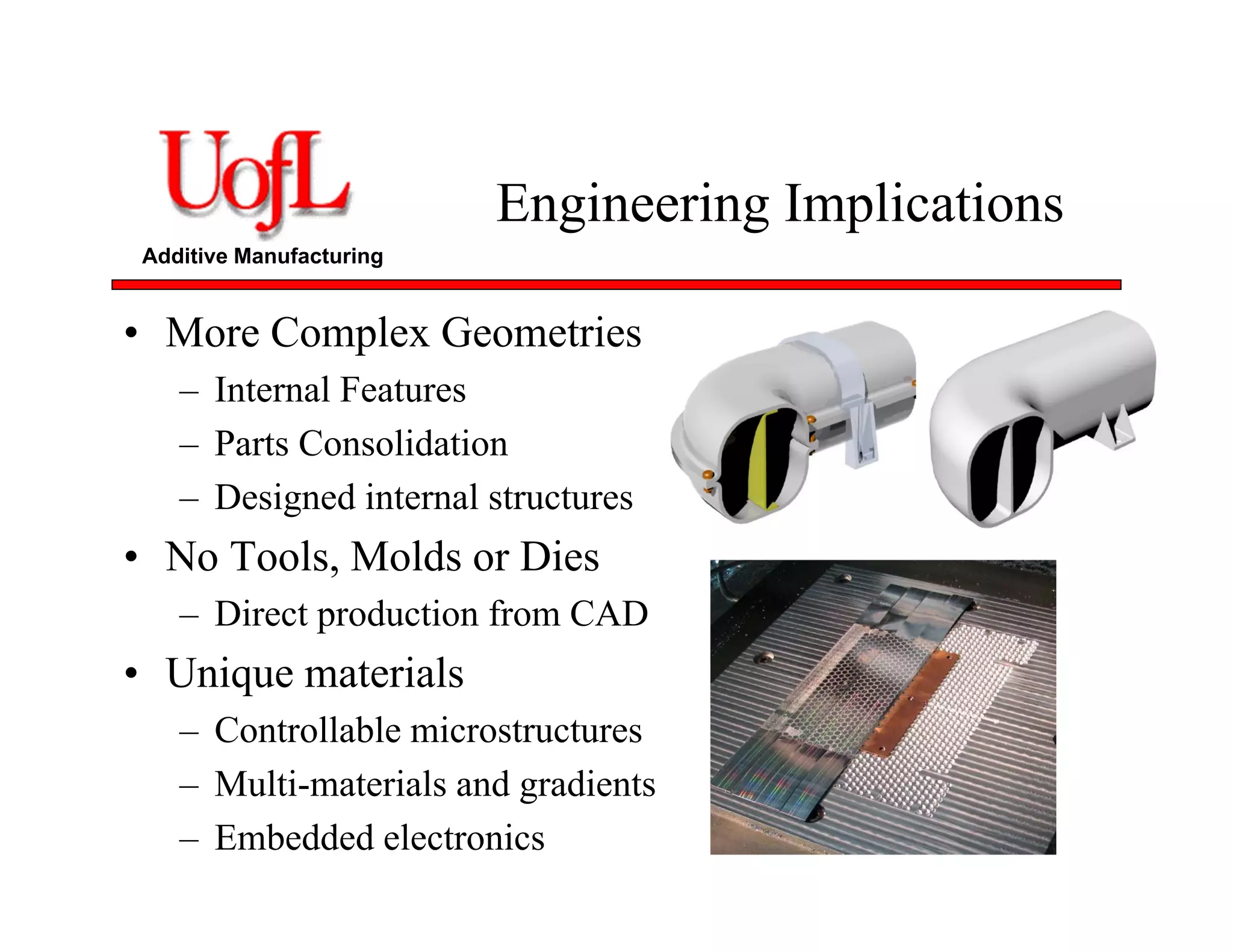 Additive Manufacturing
Engineering Implications
• More Complex Geometries
– Internal Features
– Parts Consolidation
– Designed internal structures
• No Tools, Molds or Dies
– Direct production from CAD
• Unique materials
– Controllable microstructures
– Multi-materials and gradients
– Embedded electronics
 