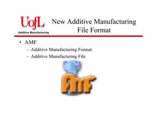 Additive Manufacturing
New Additive Manufacturing
File Format
• AMF
– Additive Manufacturing Format
– Additive Manufacturing File
 