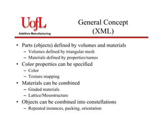 Additive Manufacturing
General Concept
(XML)
• Parts (objects) defined by volumes and materials
– Volumes defined by triangular mesh
– Materials defined by properties/names
• Color properties can be specified
– Color
– Texture mapping
• Materials can be combined
– Graded materials
– Lattice/Mesostructure
• Objects can be combined into constellations
– Repeated instances, packing, orientation
 