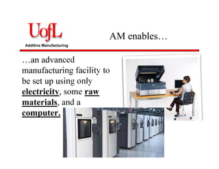 Additive Manufacturing
AM enables…
…an advanced
manufacturing facility to
be set up using only
electricity, some raw
materials, and a
computer.
 