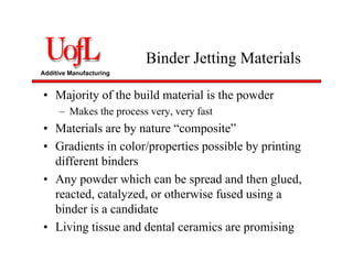 Additive Manufacturing
Binder Jetting Materials
• Majority of the build material is the powder
– Makes the process very, very fast
• Materials are by nature “composite”
• Gradients in color/properties possible by printing
different binders
• Any powder which can be spread and then glued,
reacted, catalyzed, or otherwise fused using a
binder is a candidate
• Living tissue and dental ceramics are promising
 