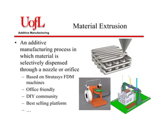 Additive Manufacturing
Material Extrusion
• An additive
manufacturing process in
which material is
selectively dispensed
through a nozzle or orifice
– Based on Stratasys FDM
machines
– Office friendly
– DIY community
– Best selling platform
– …
 