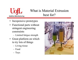 Additive Manufacturing
What is Material Extrusion
best for?
• Inexpensive prototypes
• Functional parts without
stringent engineering
constraints
– Limited fatigue strength
• Great platform on which
to try lots of things
– Living tissue
– Food
– Toys
 