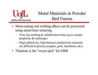 Additive Manufacturing
Metal Materials in Powder
Bed Fusion
• Most casting and welding alloys can be processed
using metal laser sintering
– Very fast melting & solidification times gives unique
properties & challenges
– High reflectivity, high thermal conductivity materials
are difficult to process (copper, gold, aluminum, etc.)
• Titanium is the “sweet spot” for EBM
 