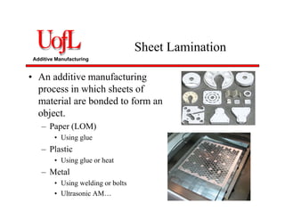 Additive Manufacturing
Sheet Lamination
• An additive manufacturing
process in which sheets of
material are bonded to form an
object.
– Paper (LOM)
• Using glue
– Plastic
• Using glue or heat
– Metal
• Using welding or bolts
• Ultrasonic AM…
 