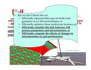 Additive Manufacturing
AM can now enable us to…
…control the overall geometry of a part, which could be
made up of a truss network, where each truss has an
optimized thickness and could have an individually
controllable microstructure or material.
• But we don’t know how to:
• Efficiently represent this type of multi-scale
geometry in a CAD environment, or
• Efficiently optimize these multi-scale features, or
• Efficiently simulate the link between AM
process parameters and microstructure, or
• Efficiently compute the effects of changes in
microstructure on part performance
Courtesy David Rosen, Georgia Tech
 